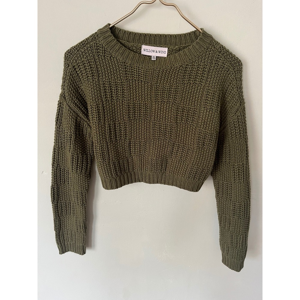Willow & Wind Womens XS Olive Green Shaker Knit Cropped Sweater Gorpcore Neutral